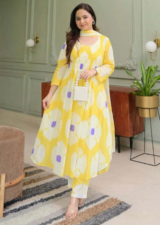 Pure Fine Cotton Floral Kurti Set with Pants & Soft Cotton Dupatta