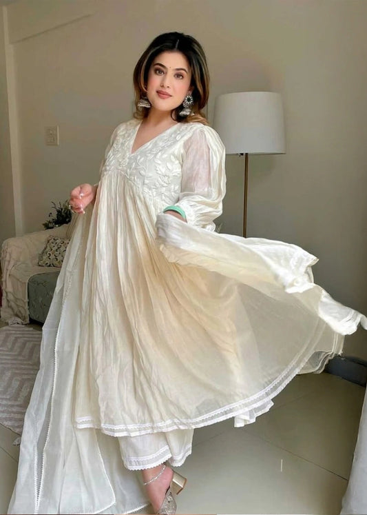 Women Chanderi White Kurta Pant and Dupatta set