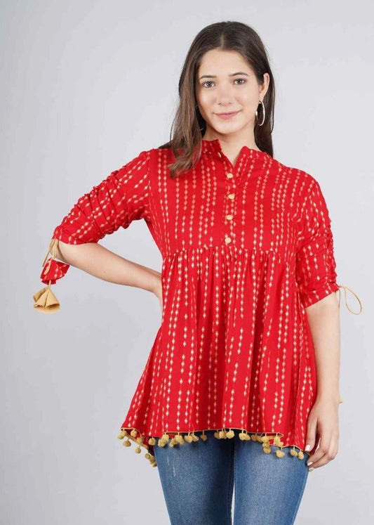 Women’s Red Polka Dot Printed Cotton Casual Top with Tassels