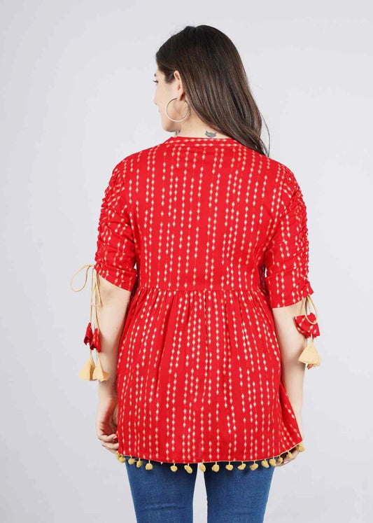 Women’s Red Polka Dot Printed Cotton Casual Top with Tassels