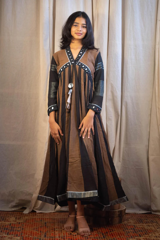 Shaher Mirror Work Dress in Diamond Cut Black and Brown