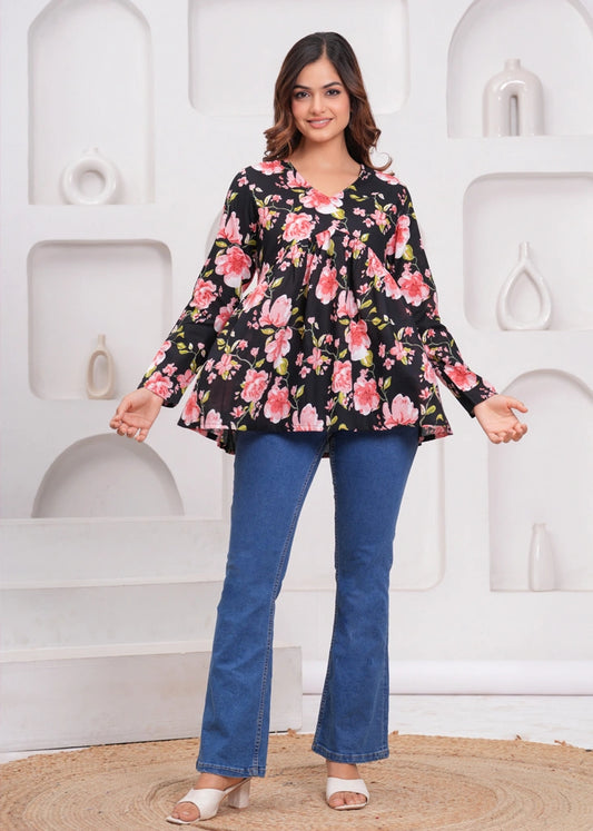 Black Floral Empire Waist Peplum Cotton Top for Women