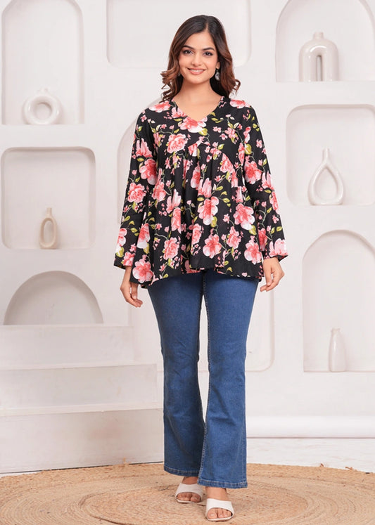 Black Floral Empire Waist Peplum Cotton Top for Women