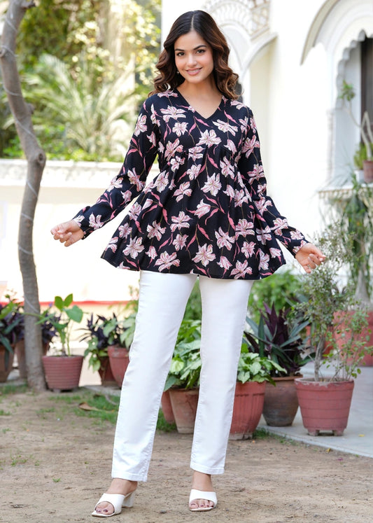 Black Floral Empire Waist Peplum Cotton Top for Women