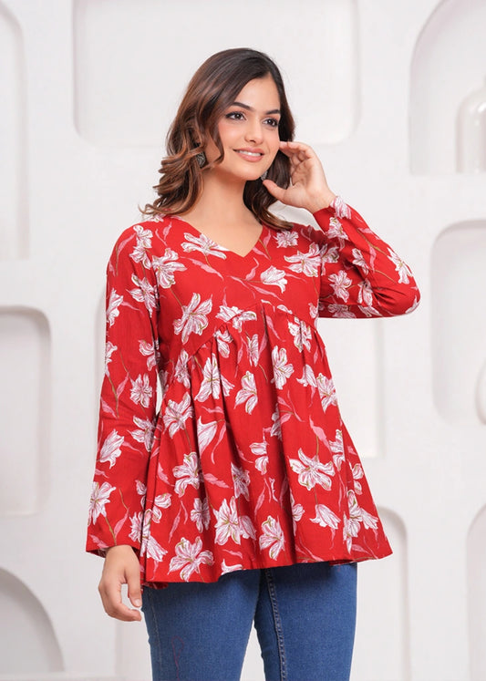 Women's Red Floral Empire Waist Peplum Top – Pure Cotton Elegance