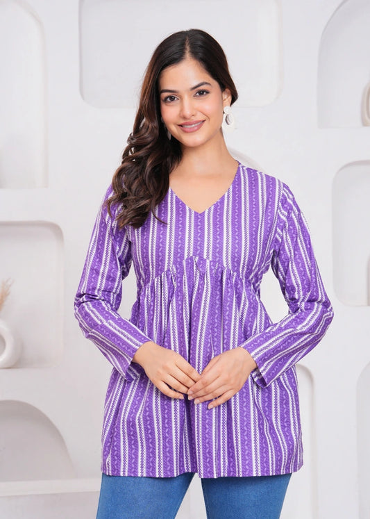 Women's Purple Ethnic Stripe Empire Waist Cotton Top