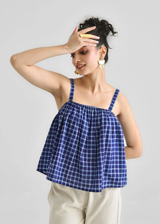 Blue Woven Cotton Crop Top with Adjustable Strap Detail