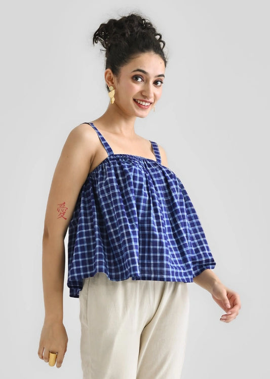 Blue Woven Cotton Crop Top with Adjustable Strap Detail