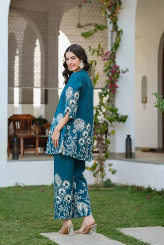 Women’s Teal Blue Printed Cotton Co-ord Set
