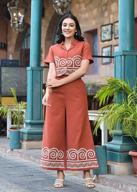Rust Orange Embroidered Cotton Co-Ord Set