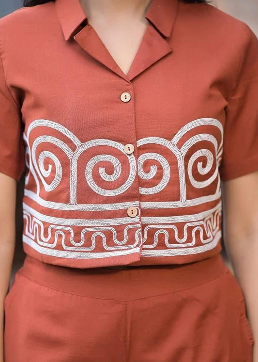 Rust Orange Embroidered Cotton Co-Ord Set