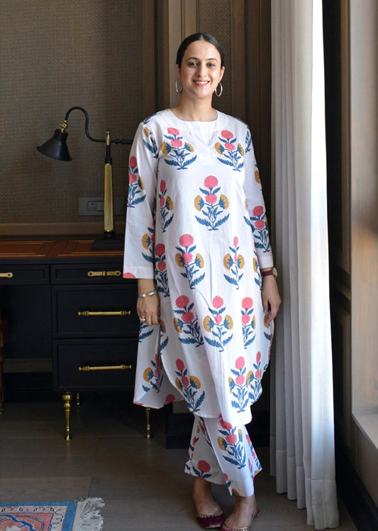 White Mughal Hand-block Printed kurta Pant Co-ord Set