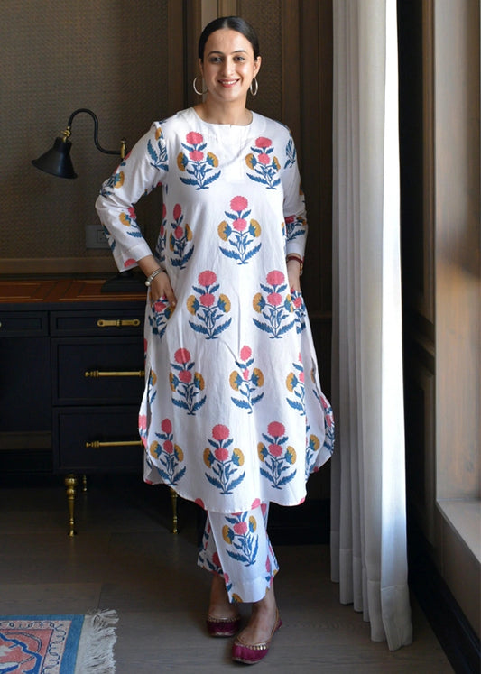 White Mughal Hand-block Printed kurta Pant Co-ord Set