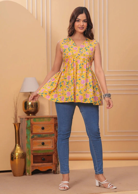 Yellow Alia-Cut Sleeveless Top for Women