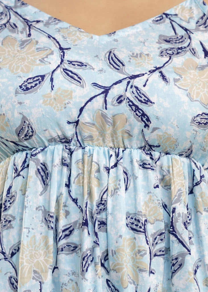 Women’s sleeveless blue floral co-ord set featuring a spaghetti strap top and matching rayon bottoms — lightweight, breathable, and stylish for sunny days and casual outings.