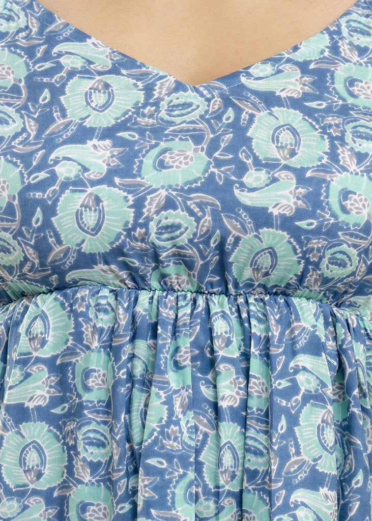 Women’s blue floral co-ord set with sleeveless spaghetti strap top and matching rayon pants — lightweight, breezy, and perfect for summer style and all-day comfort.