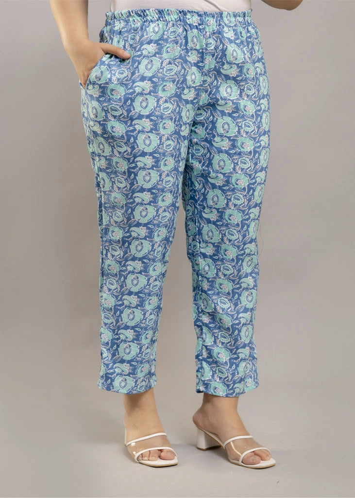 Women’s blue floral co-ord set with sleeveless spaghetti strap top and matching rayon pants — lightweight, breezy, and perfect for summer style and all-day comfort.