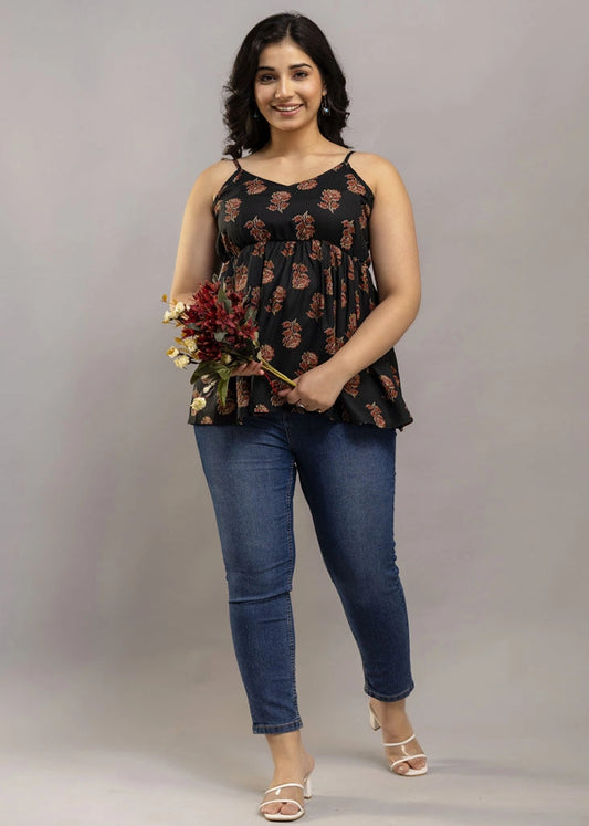 Women’s Black-Red Floral Printed Sleeveless Top