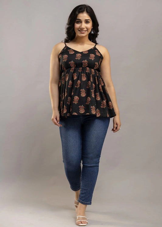 Women’s Black-Red Floral Printed Sleeveless Top