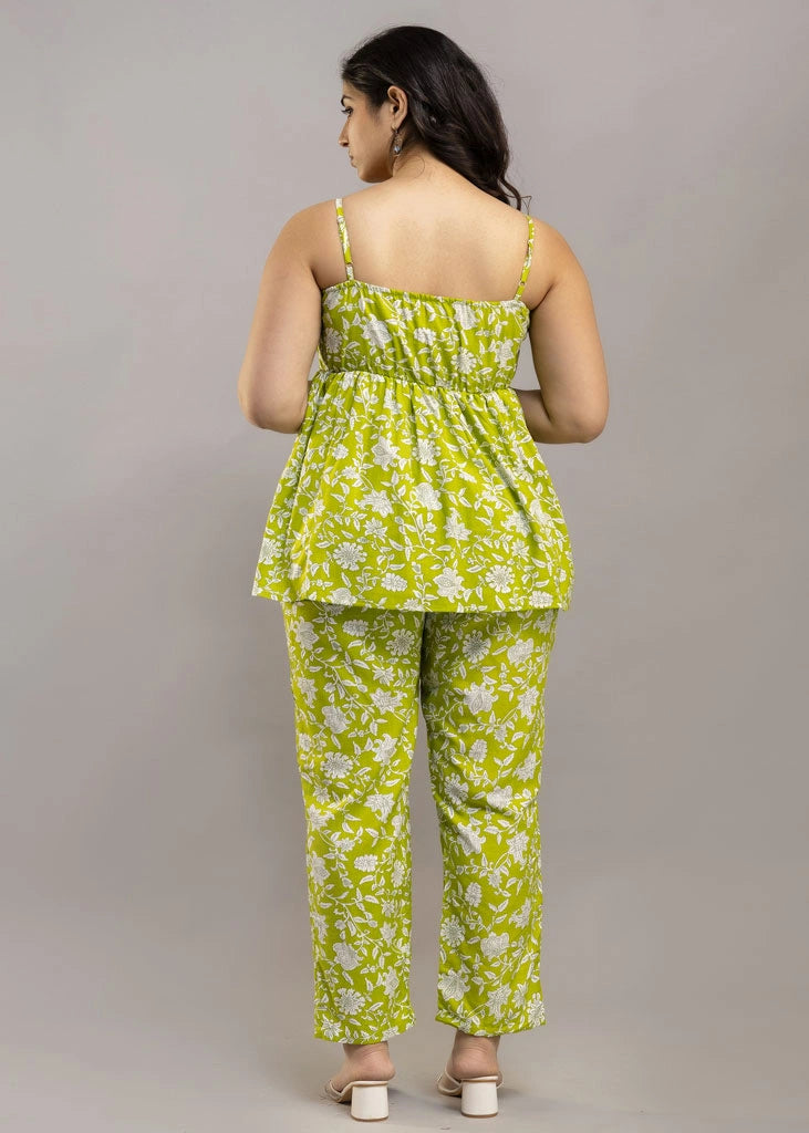 Women’s lime green floral co-ord set with sleeveless spaghetti strap top and matching premium rayon pants — lightweight and stylish for sunny days and casual outings.