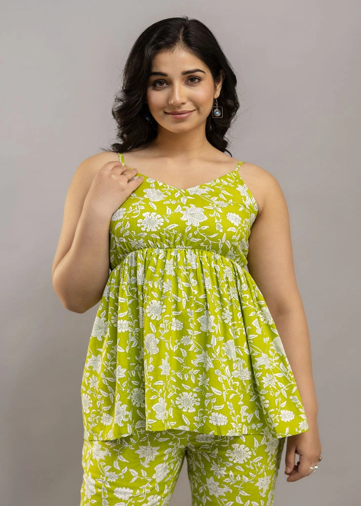Women’s lime green floral co-ord set with sleeveless spaghetti strap top and matching premium rayon pants — lightweight and stylish for sunny days and casual outings.