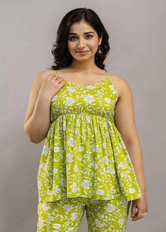 Women’s lime green floral co-ord set with sleeveless spaghetti strap top and matching premium rayon pants — lightweight and stylish for sunny days and casual outings.