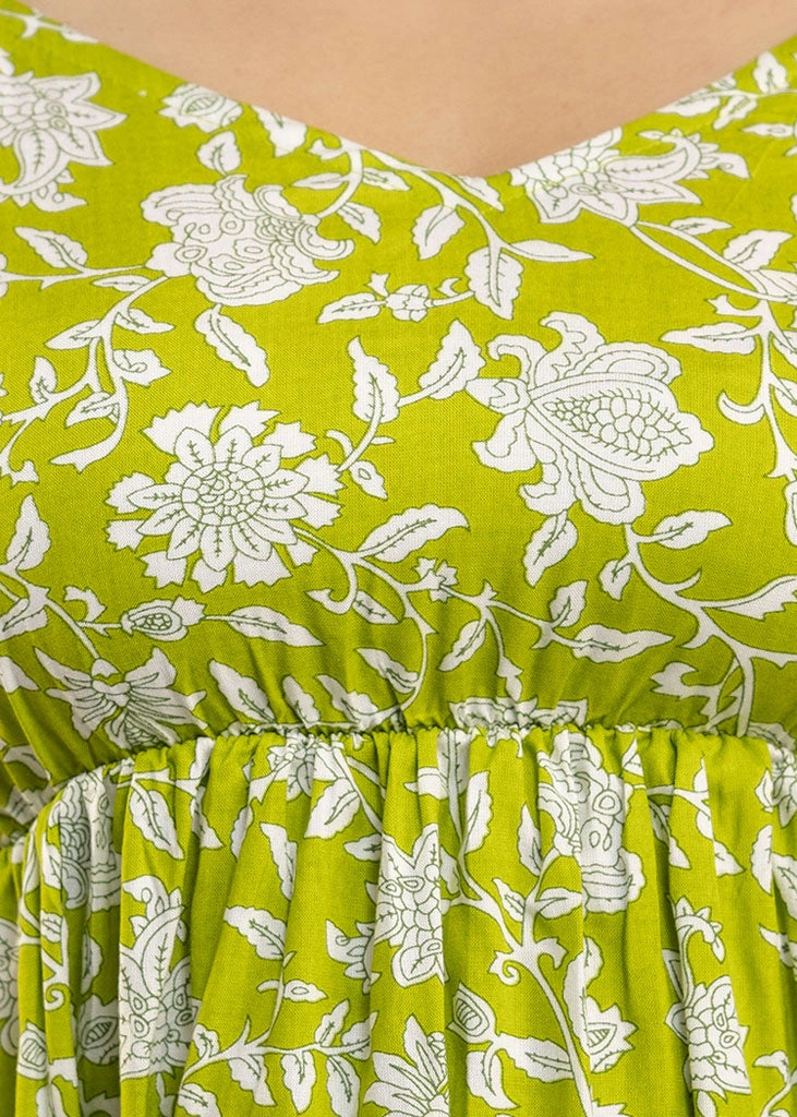 Women’s lime green floral co-ord set with sleeveless spaghetti strap top and matching premium rayon pants — lightweight and stylish for sunny days and casual outings.