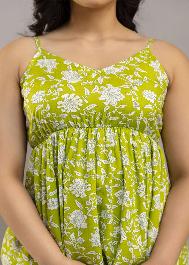 Women’s lime green floral co-ord set with sleeveless spaghetti strap top and matching premium rayon pants — lightweight and stylish for sunny days and casual outings.