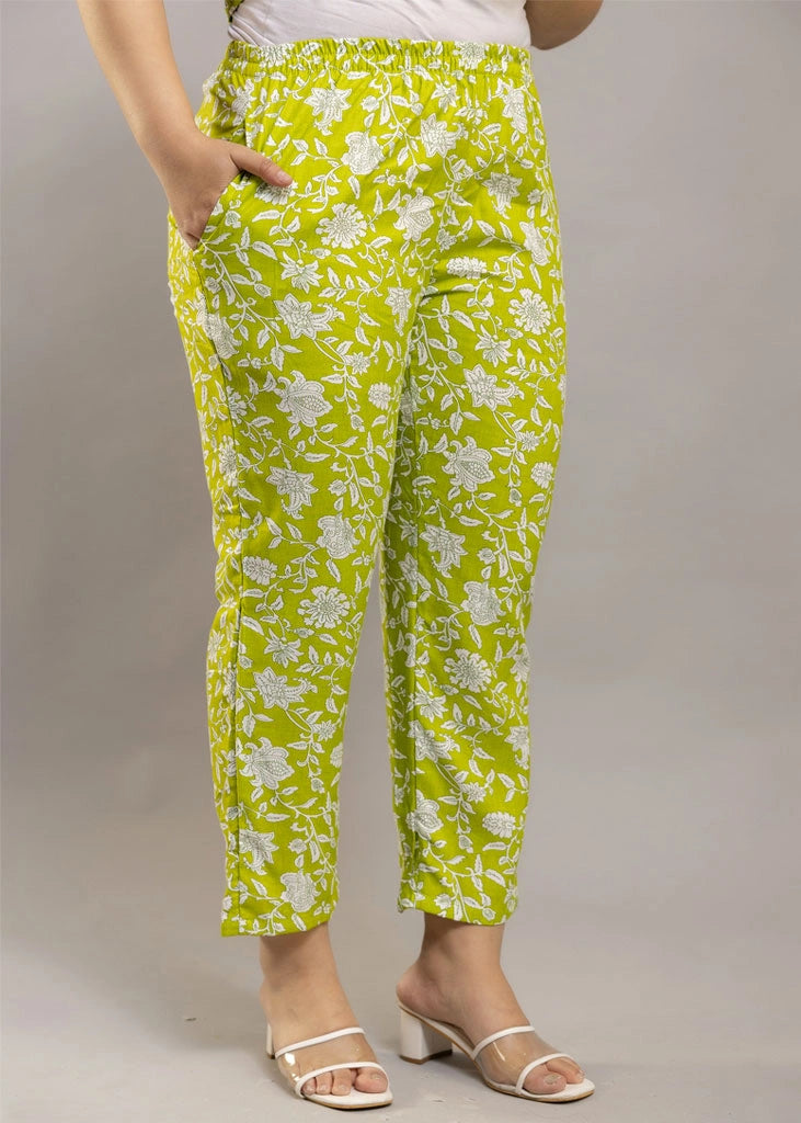 Women’s lime green floral co-ord set with sleeveless spaghetti strap top and matching premium rayon pants — lightweight and stylish for sunny days and casual outings.