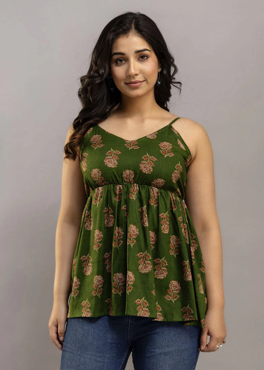 Women’s Green Pure Cotton Anarkali Top with Floral Print