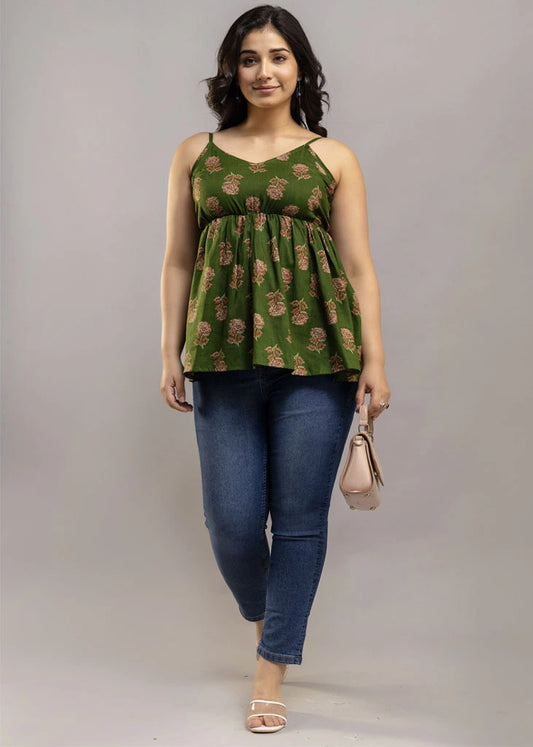 Women’s Green Pure Cotton Anarkali Top with Floral Print