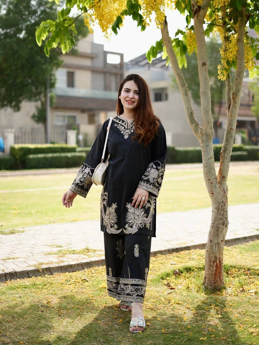 Elegant Black Muslin Cotton Embroidered Kurti Plazzo Cord Set