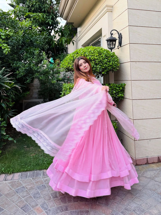 Blush Pink Faux Georgette Anarkali Gown Set with Embroidered Organza Dupatta