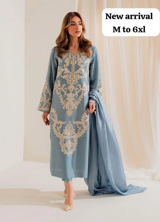 Luxury Cotton-Blend Embroidered 3-Piece Suit Set with Chiffon Dupatta