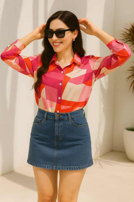 vibrant Women’s red-pink abstract printed shirt