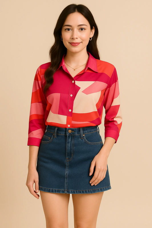 vibrant Women’s red-pink abstract printed shirt