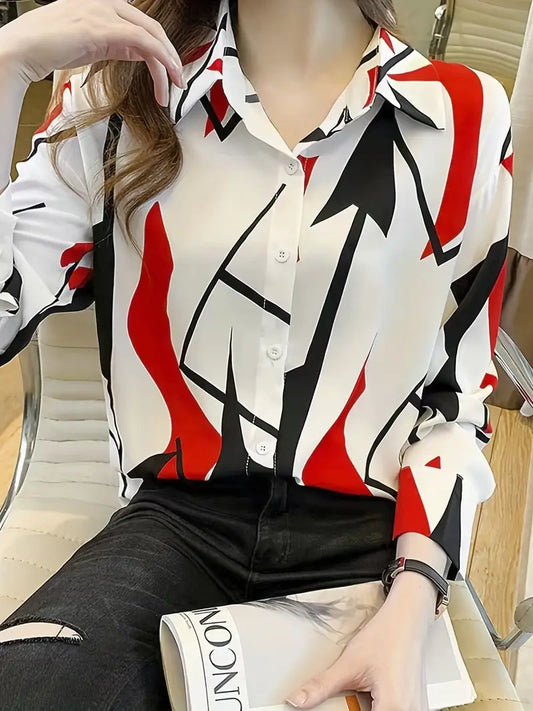 Geo Print Simple Shirt, Casual Button Front Long Sleeve