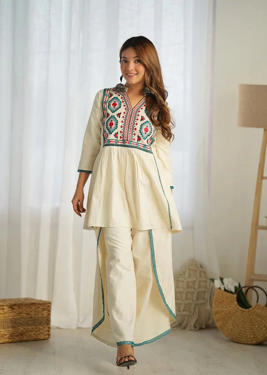 Designer Embroidered Cotton Flex Kurta paired with Freestyle Pants or Palazzo