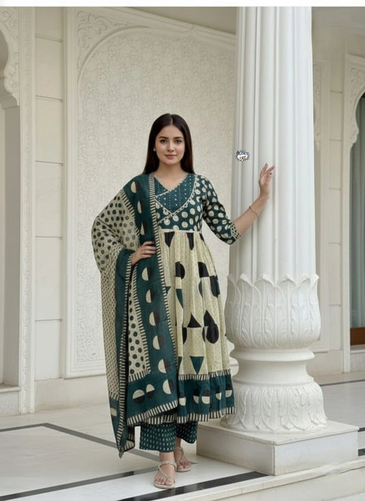 Women Cotton Anarkali Kurti Set with Palazzo & Dupatta