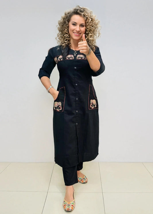 Stylish embroidered cotton kurti with pant set