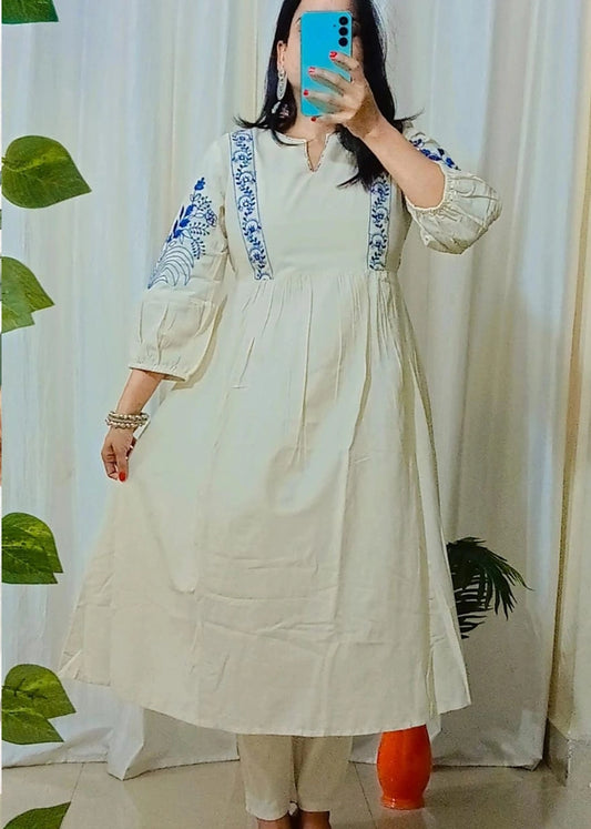 Beautiful Cotton Embroidery Off-white Cotton Kurta Set
