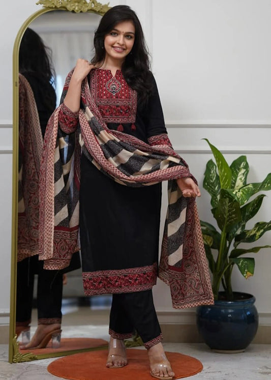 Pure Cotton Ajrakh Print Straight Kurta with Trousers and Dupatta – 3-Piece Set