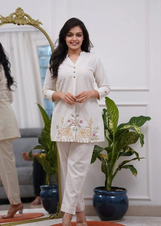Women’s Cream Cotton Flex Co-ord Set with Embroidery