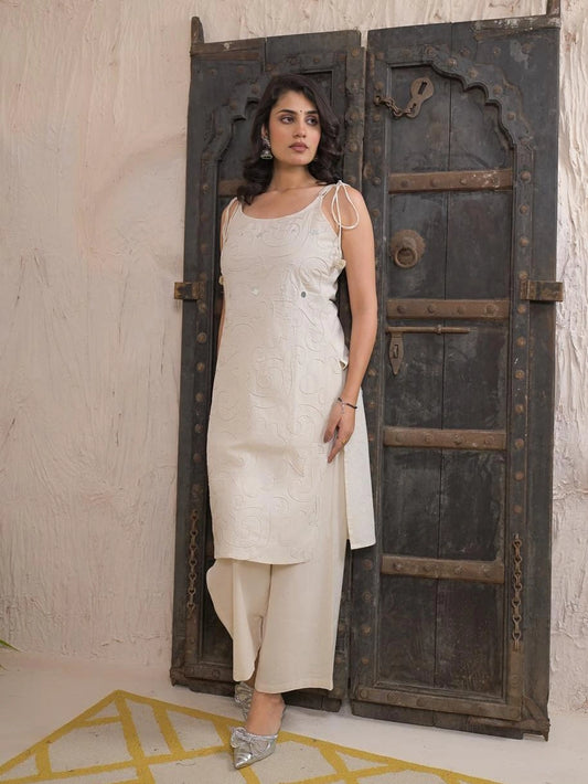 Summer Bloom Embroidered Cotton Kurti Palazzo Set