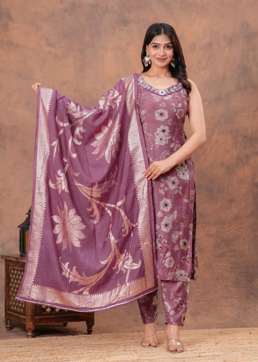 Women’s Vatican Muslin Kurti Pant Dupatta Set with Handwork & Chanderi Dupatta