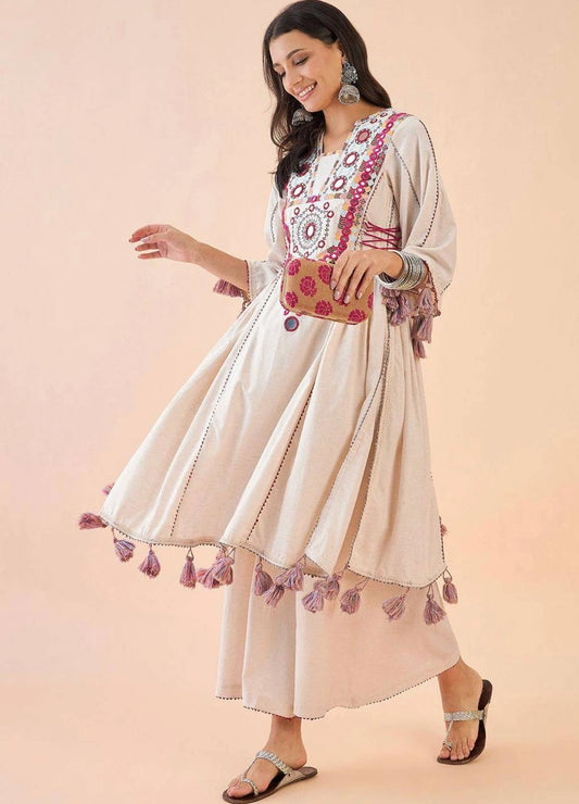 Festive French Cotton Peplum & Bell Bottom Set with Embroidery & Real Mirrors