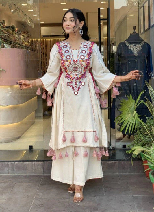 Festive French Cotton Peplum & Bell Bottom Set with Embroidery & Real Mirrors