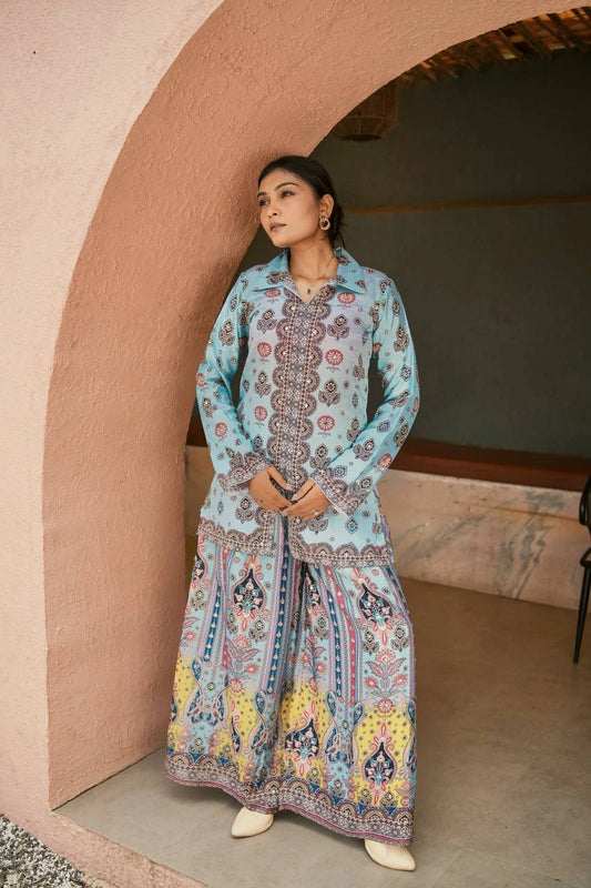 Signature Chinon Silk Festive Co-ord Set with Mirror & Stone Handwork