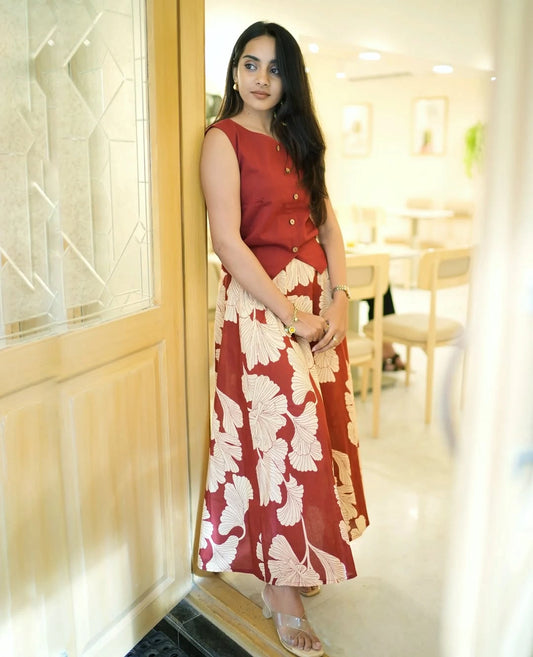 Rust Red Premium Cotton Skirt Set with Button-Detail Top