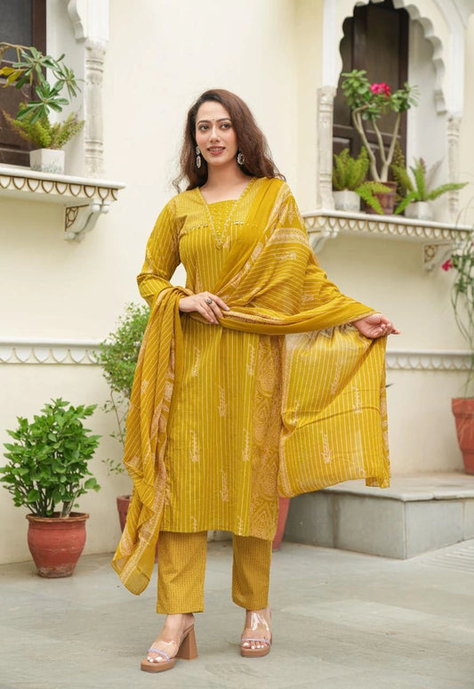 AnokhiVastra Mustard Handworked Women Cotton Coord Set with Dupatta